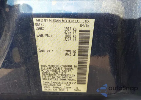 2016 Nissan Altima 2.5 Sr из США, поврежденный, VIN 1N4AL3AP1GC214972